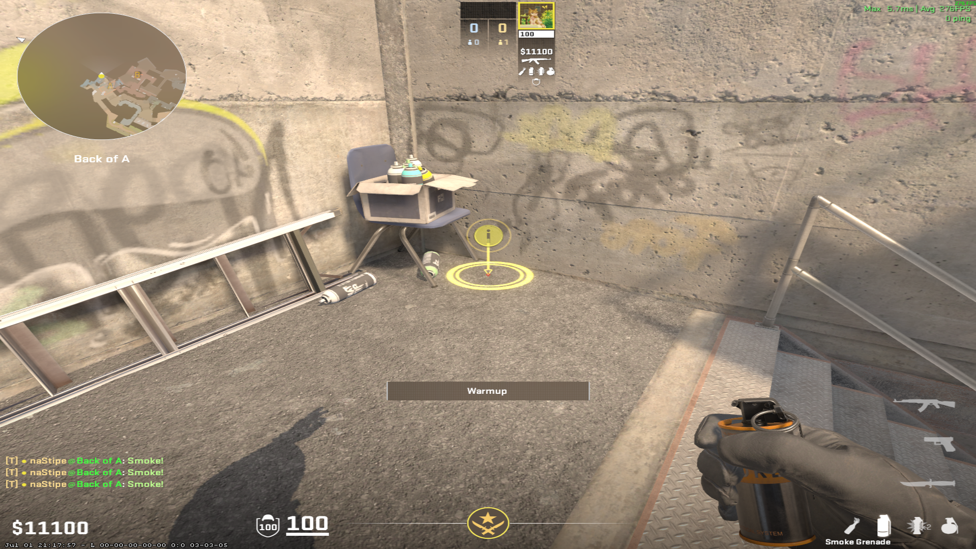 Overpass smoke lineup A Site Smoke (Banana/Toilets) — throw 1, where to stand